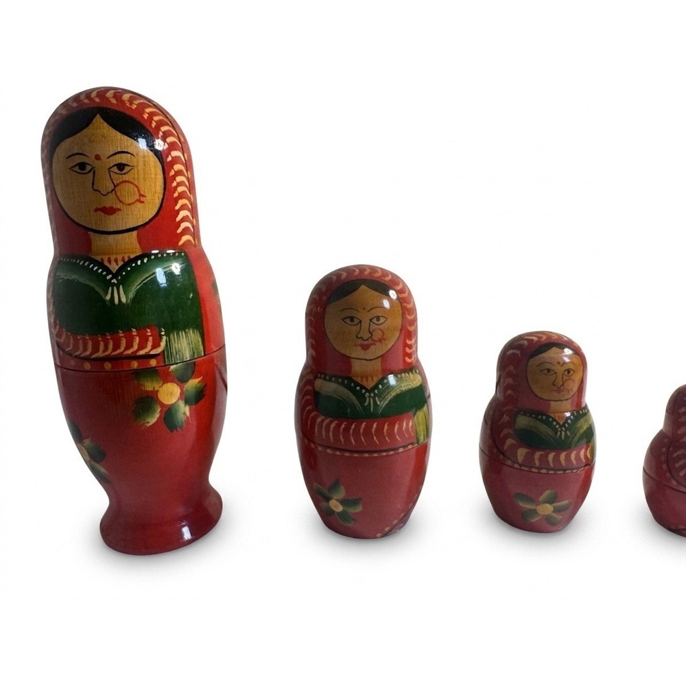 Vintage Nesting Dolls Vintage Indian Matryoshka Hand Painted Wood Stacking Set - Picture 4 of 9